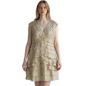 Adrianna Papell Tiered Ruffle Dress Womens Sz 10 Gold Sleeveless Sheath Cocktail